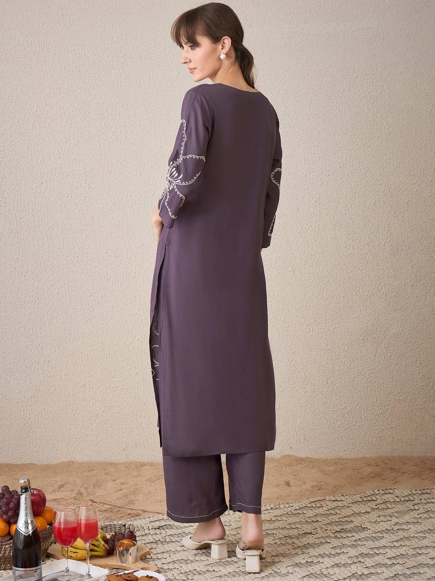 Grey Embroidered Straight Kurta Palazzos Set