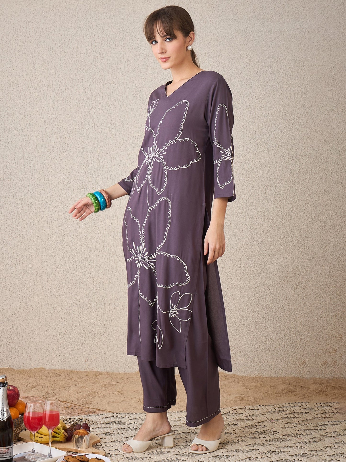 Grey Embroidered Straight Kurta Palazzos Set
