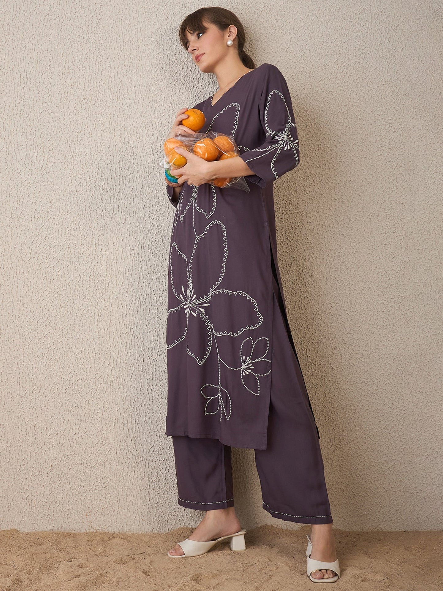 Grey Embroidered Straight Kurta Palazzos Set