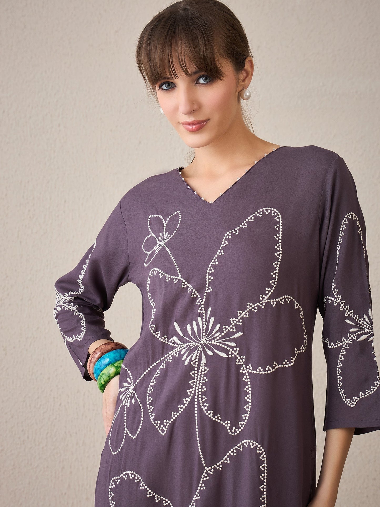 Grey Embroidered Straight Kurta Palazzos Set