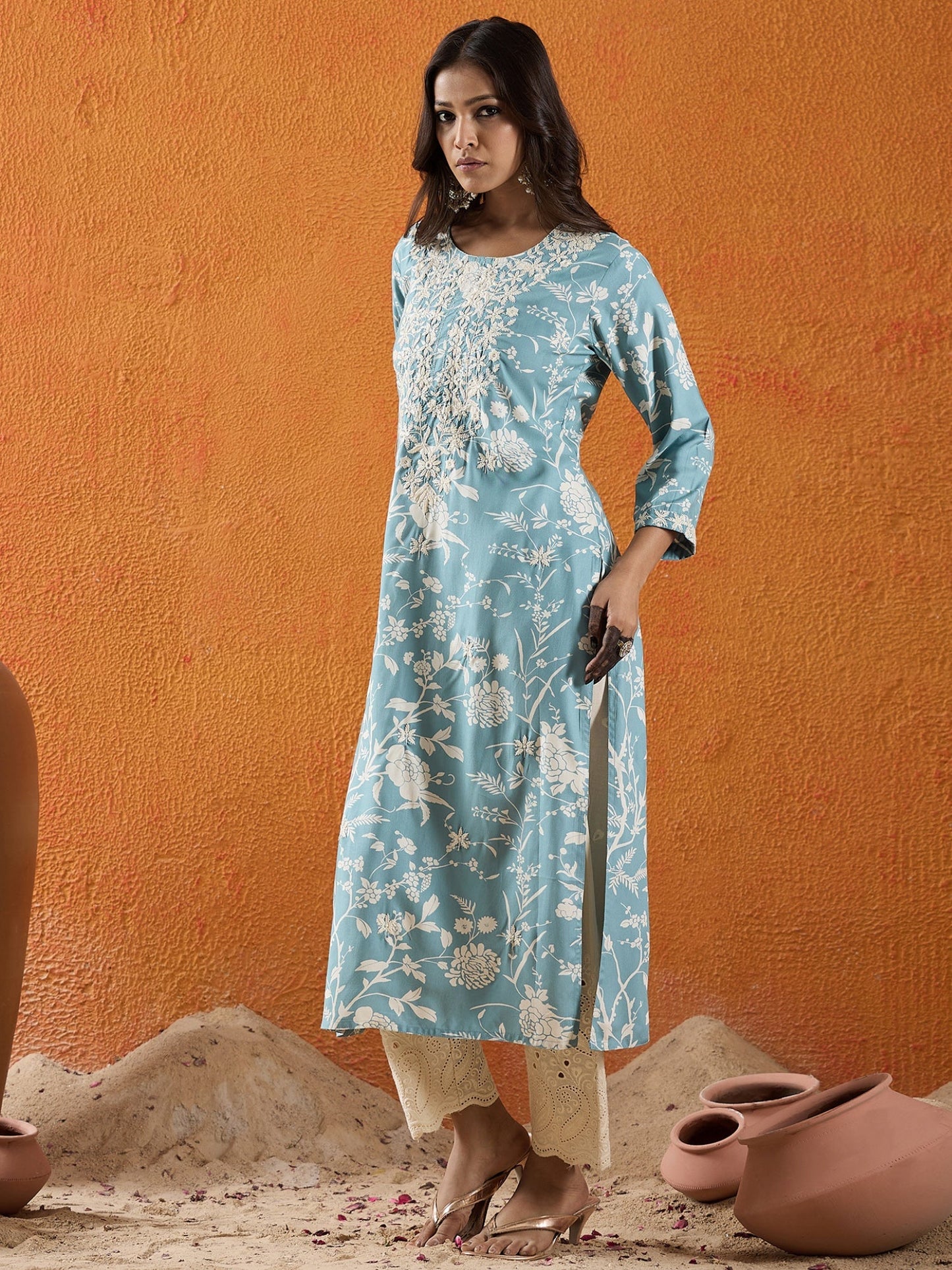 Blue Embroidered Straight Kurtas