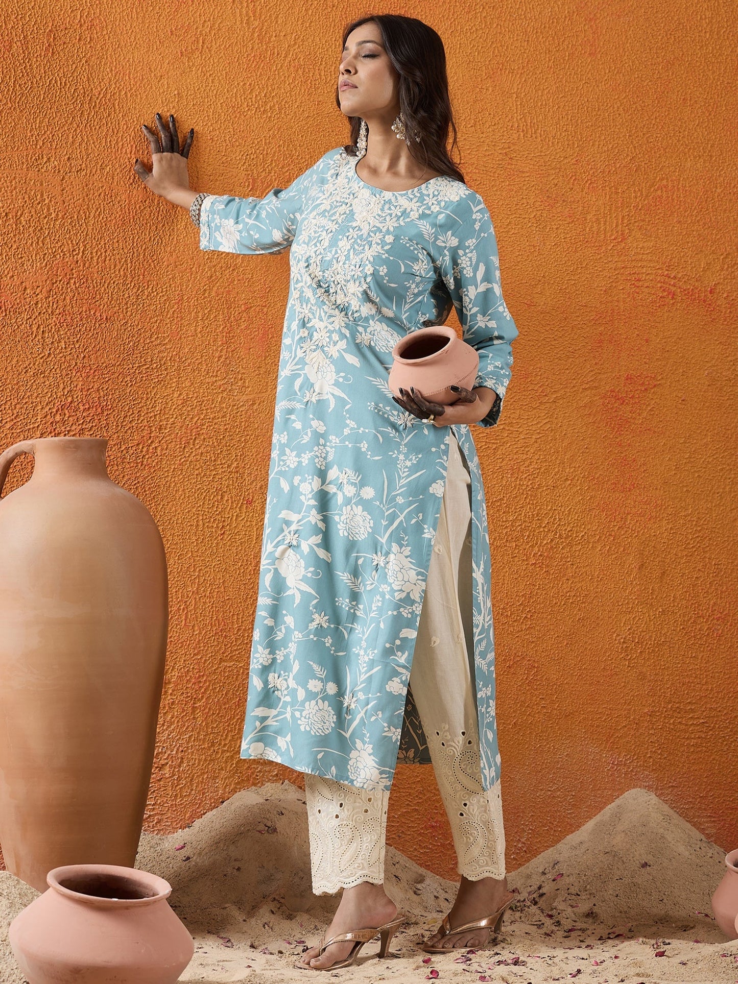 Blue Embroidered Straight Kurtas