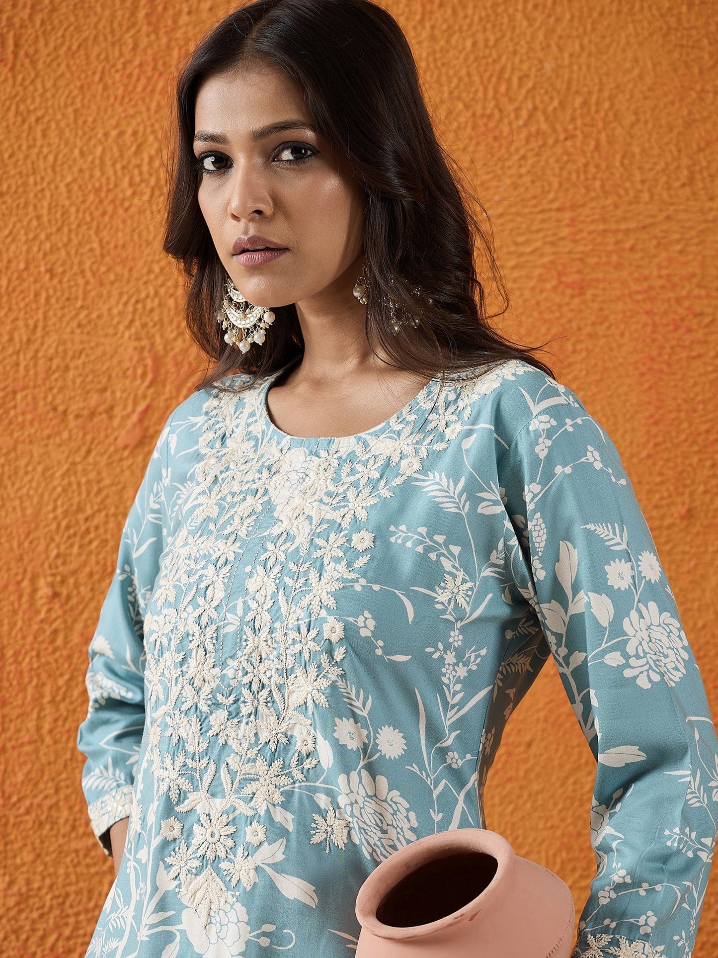 Blue Embroidered Straight Kurtas