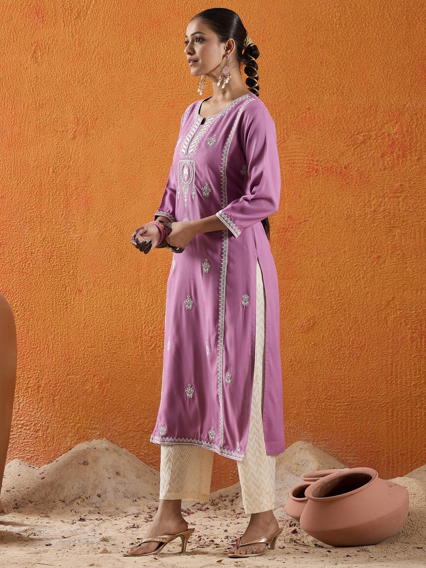 Lavender Embroidered Straight Kurtas