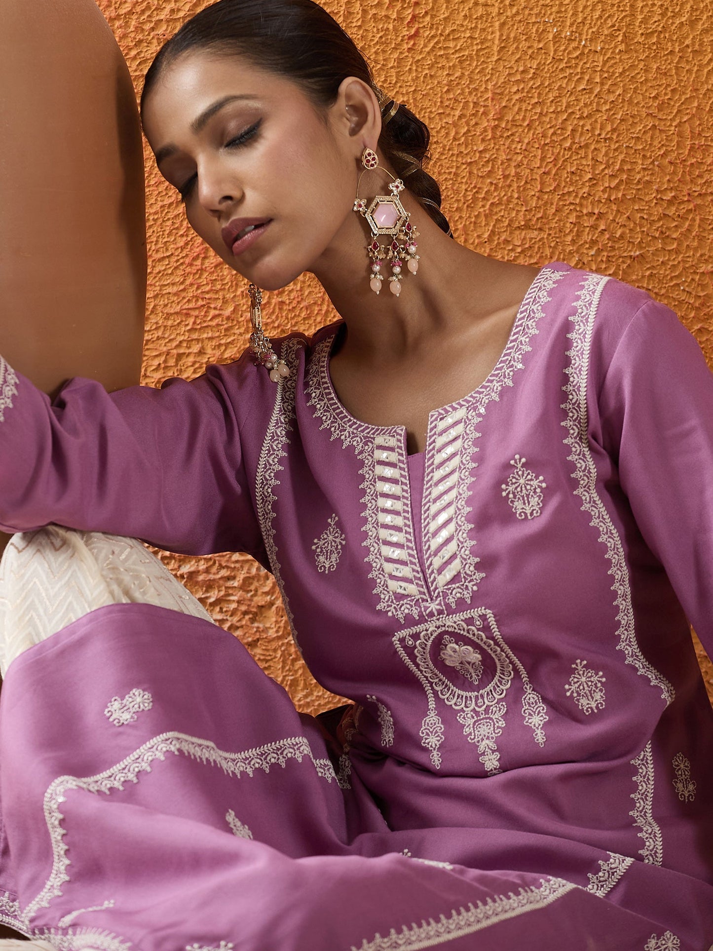 Lavender Embroidered Straight Kurtas
