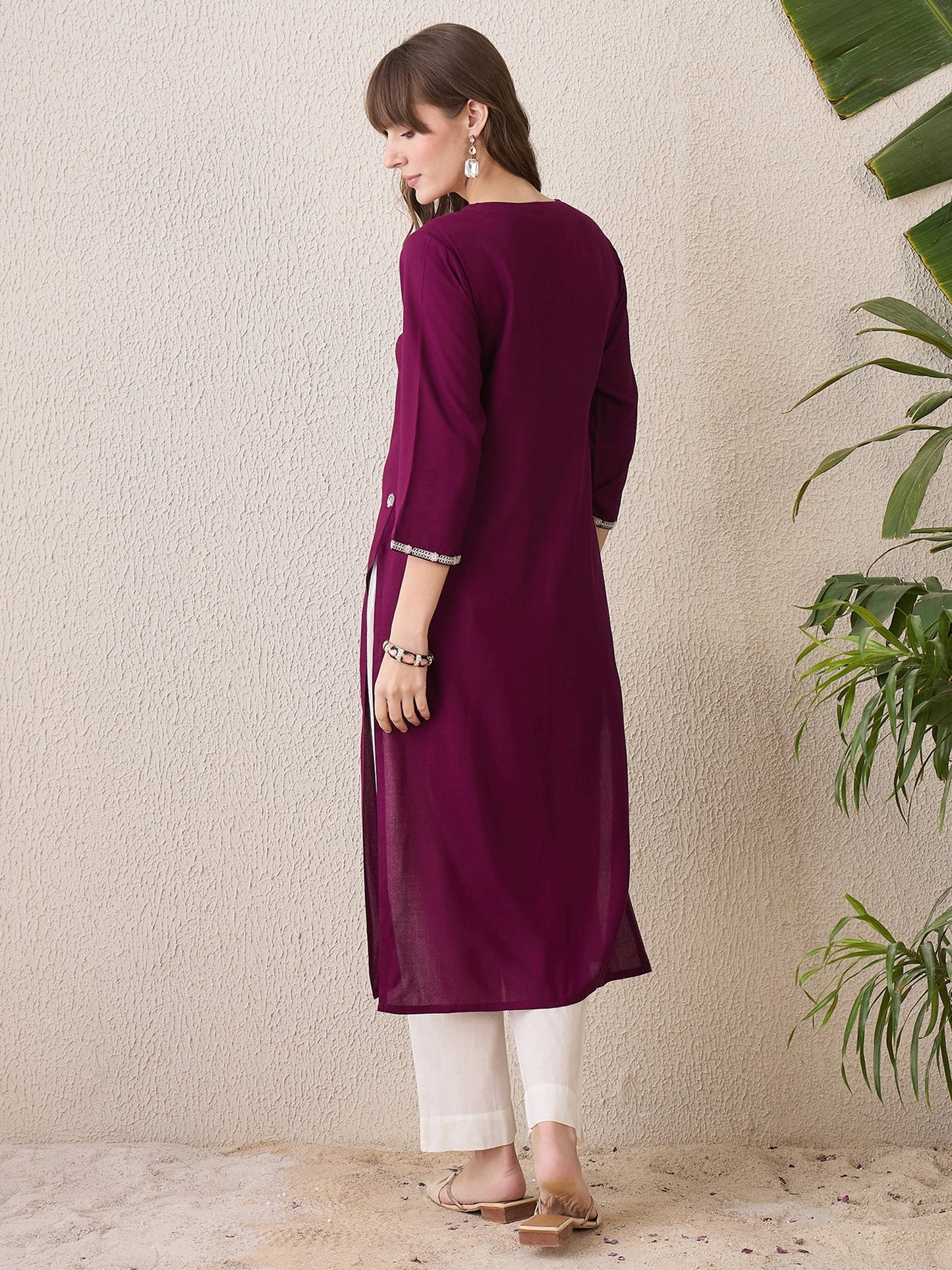 Burgundy Embroidered Straight Kurtas