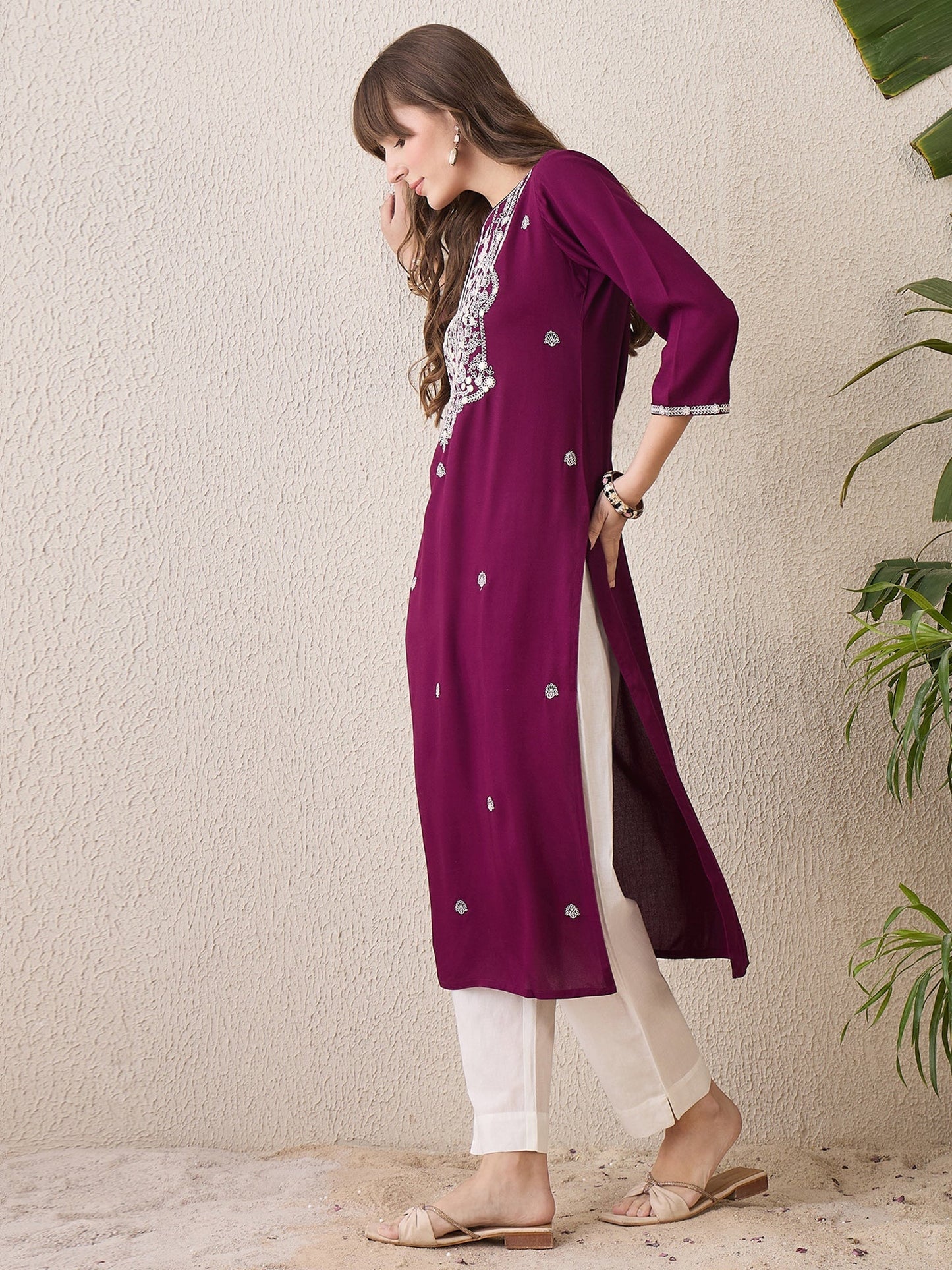 Burgundy Embroidered Straight Kurtas