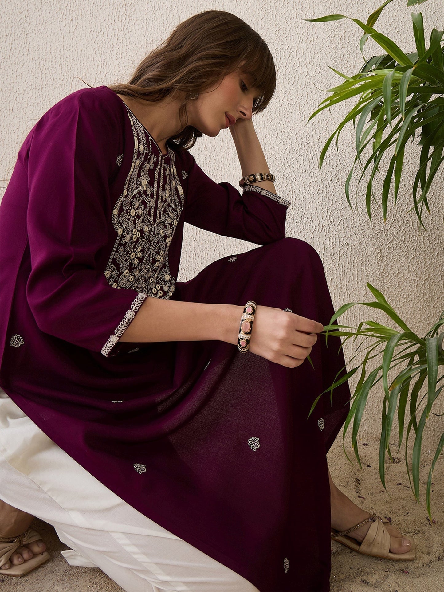 Burgundy Embroidered Straight Kurtas