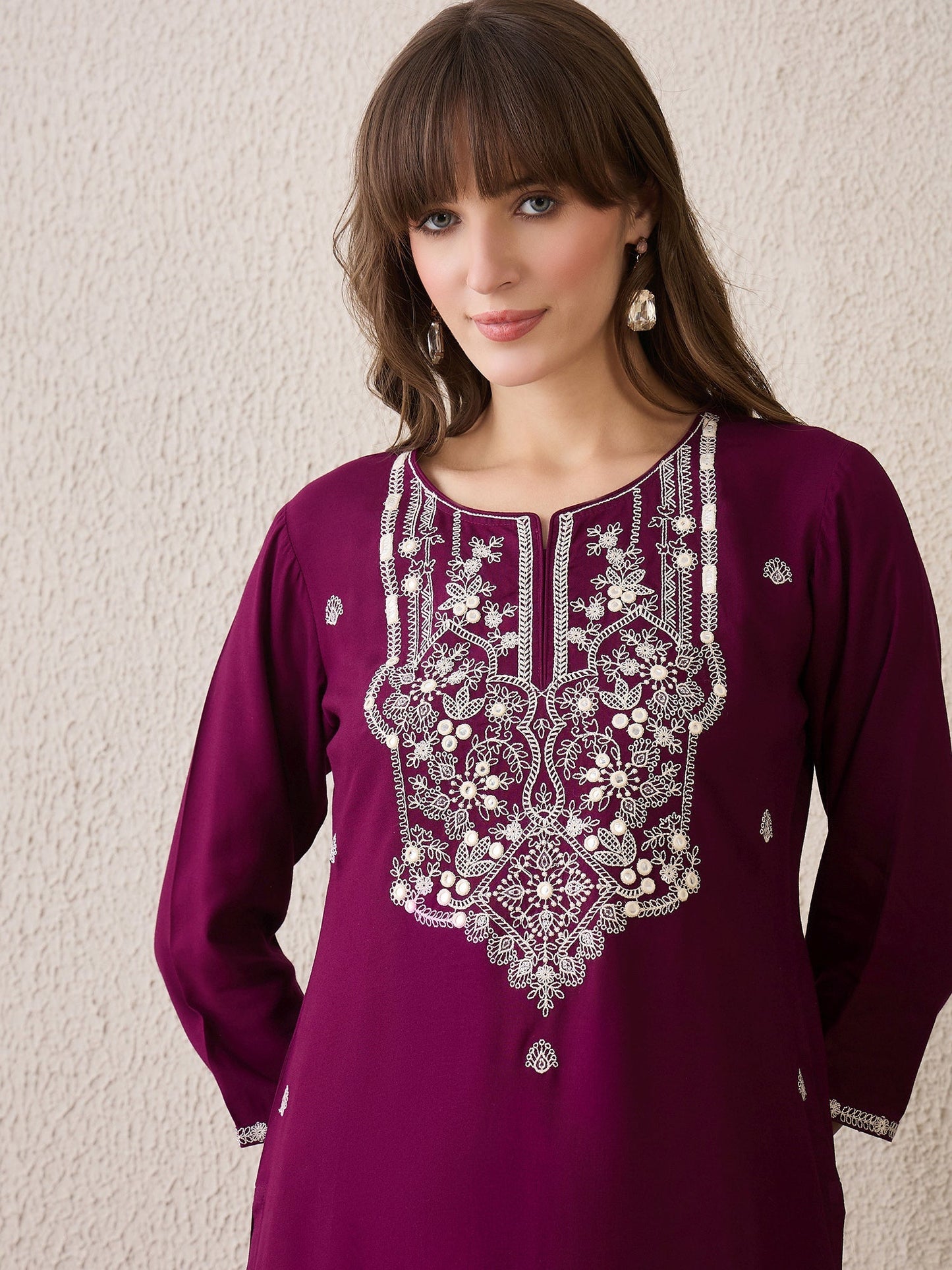 Burgundy Embroidered Straight Kurtas