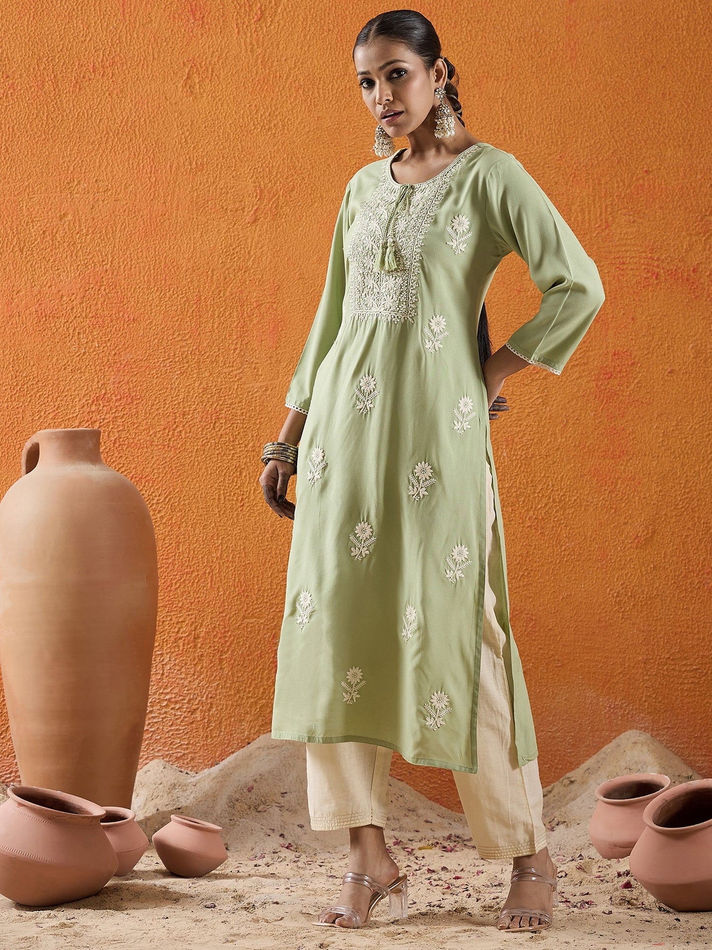 Green Embroidered Straight Kurtas