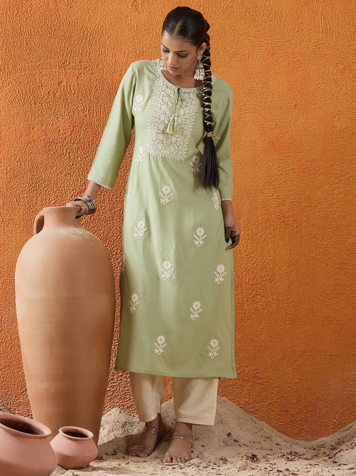 Green Embroidered Straight Kurtas