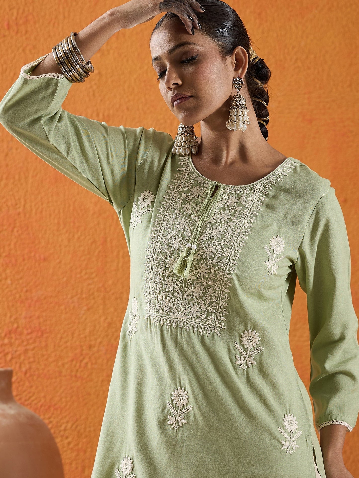 Green Embroidered Straight Kurtas