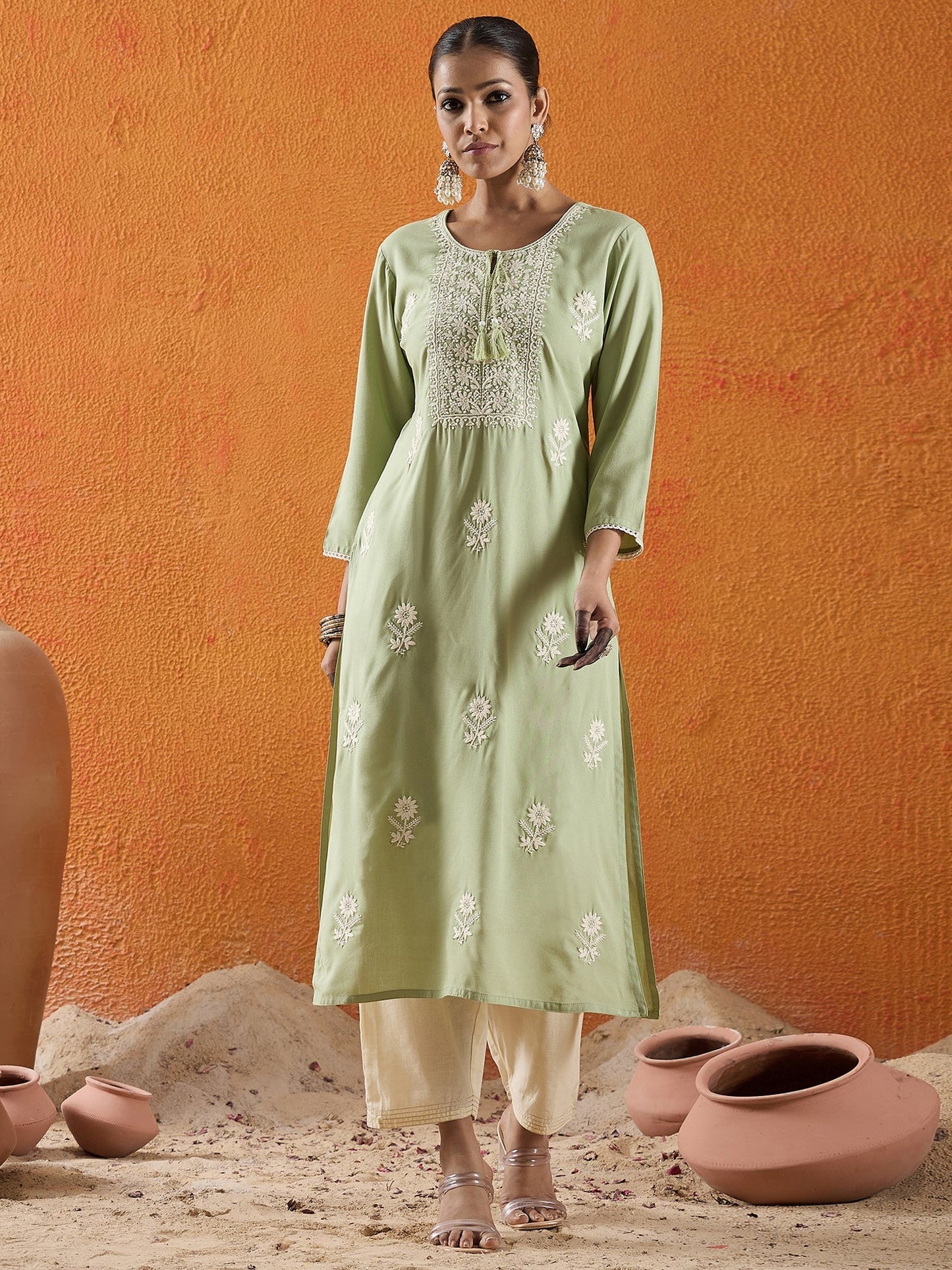 Green Embroidered Straight Kurtas