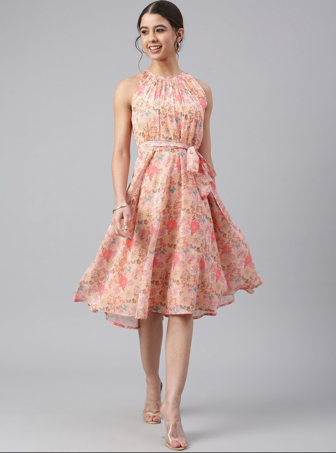 Women's Peach Georgette Floral Print A-Line Western Dress My Store