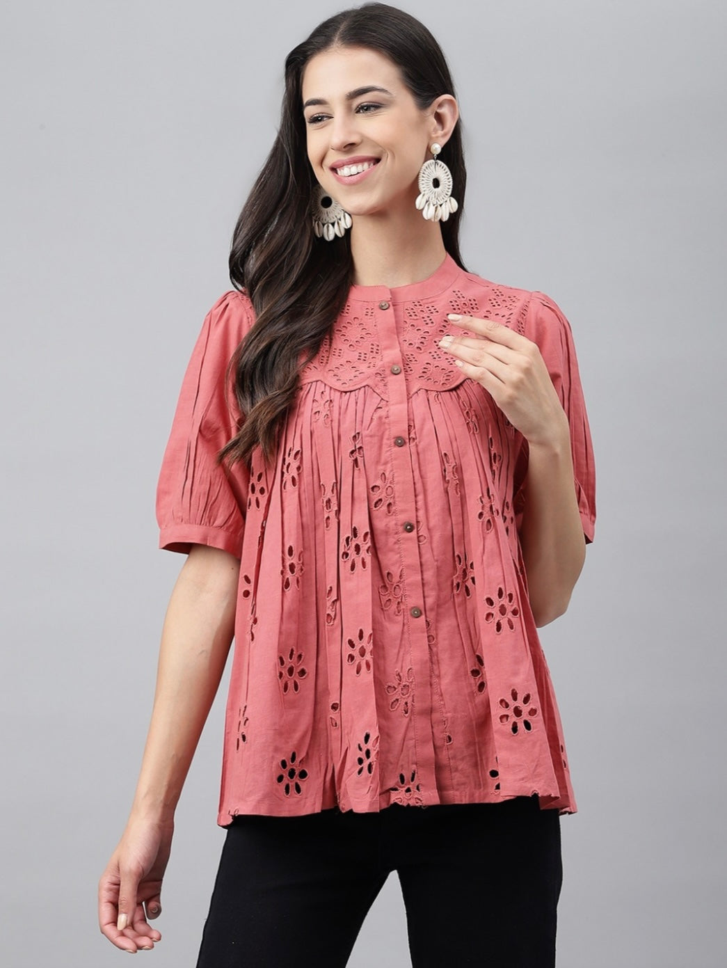 Pink Cotton Schiffli Gathered Top Silae