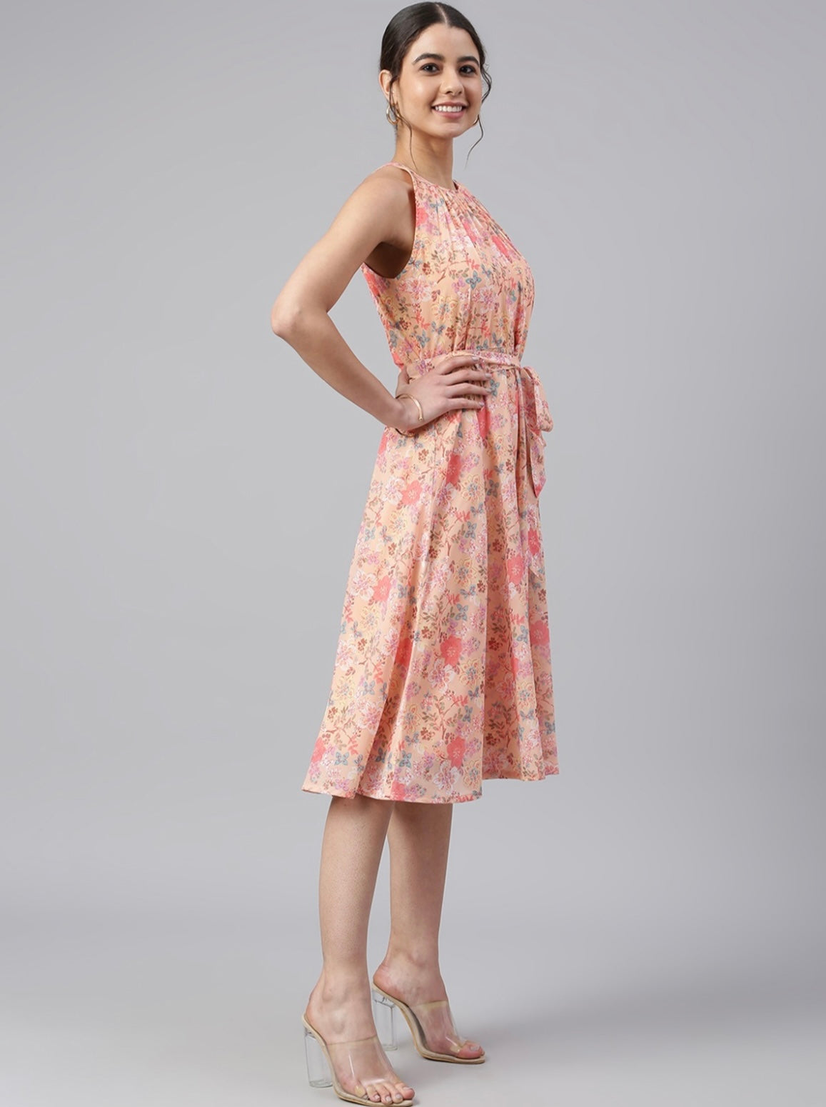 Women's Peach Georgette Floral Print A-Line Western Dress My Store