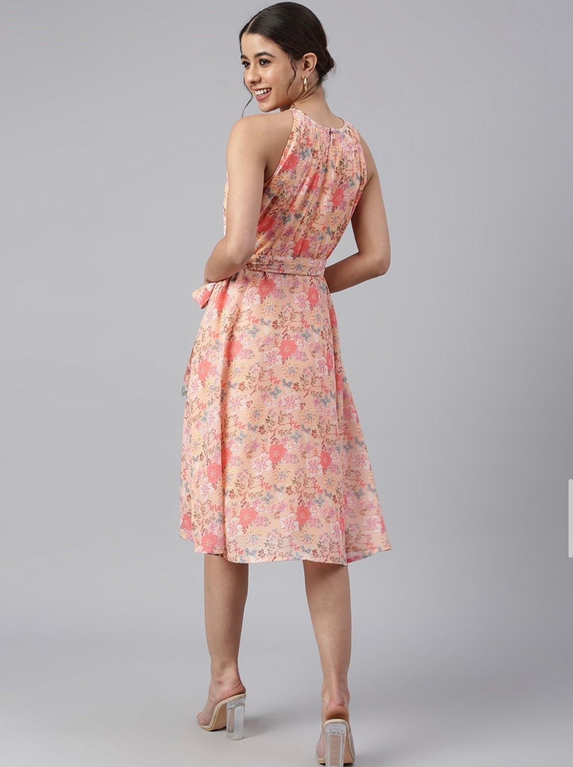 Women's Peach Georgette Floral Print A-Line Western Dress My Store