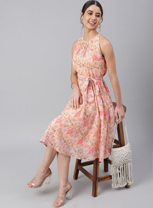 Women's Peach Georgette Floral Print A-Line Western Dress