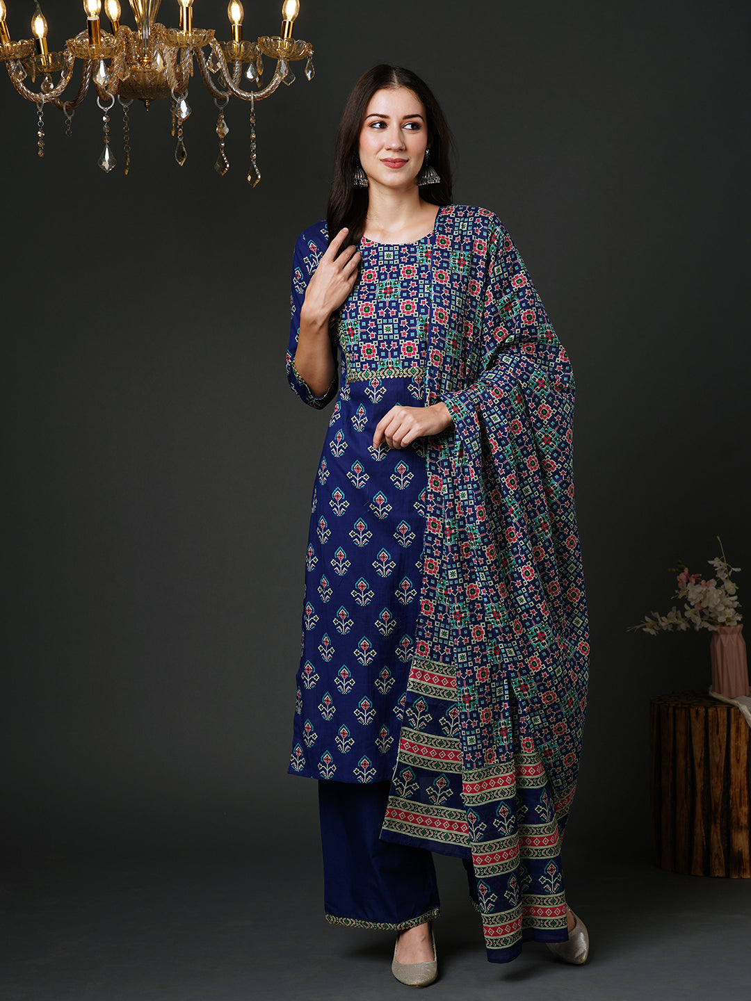 Indo Era Blue Ethnic Motifs Printed Gotta Patti Pure Cotton Kurta with Palazzos & Dupatta