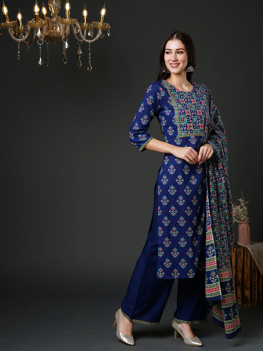 Indo Era Blue Ethnic Motifs Printed Gotta Patti Pure Cotton Kurta with Palazzos & Dupatta