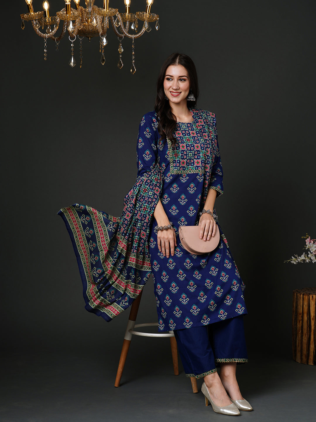 Indo Era Blue Ethnic Motifs Printed Gotta Patti Pure Cotton Kurta with Palazzos & Dupatta