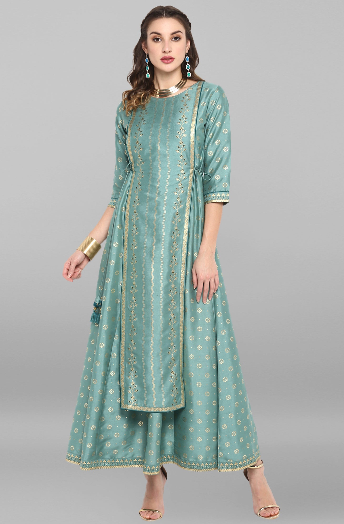 Green Rayon Crepe Foil Print Flared Ethnic Dress Silae