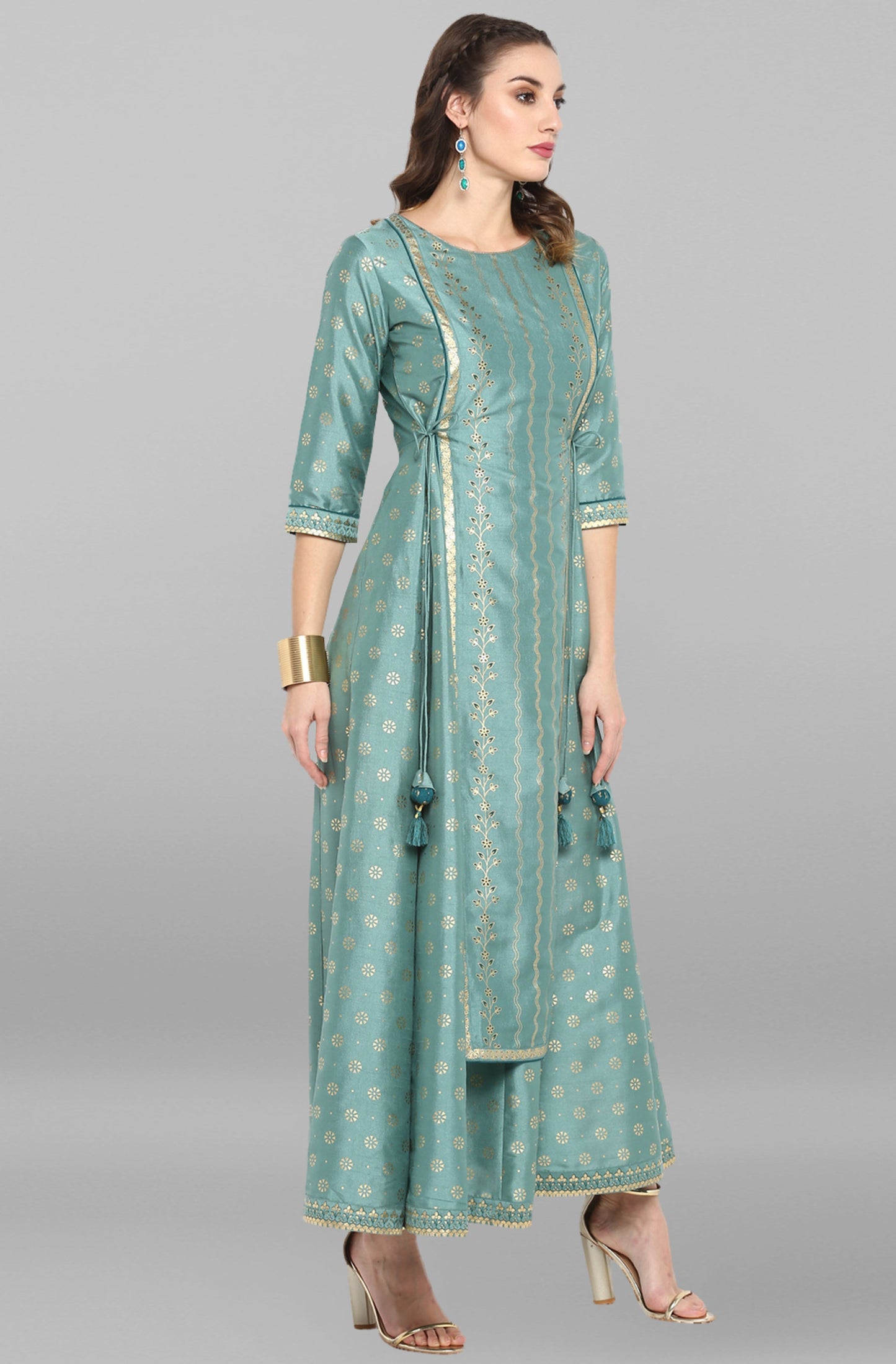 Green Rayon Crepe Foil Print Flared Ethnic Dress Silae