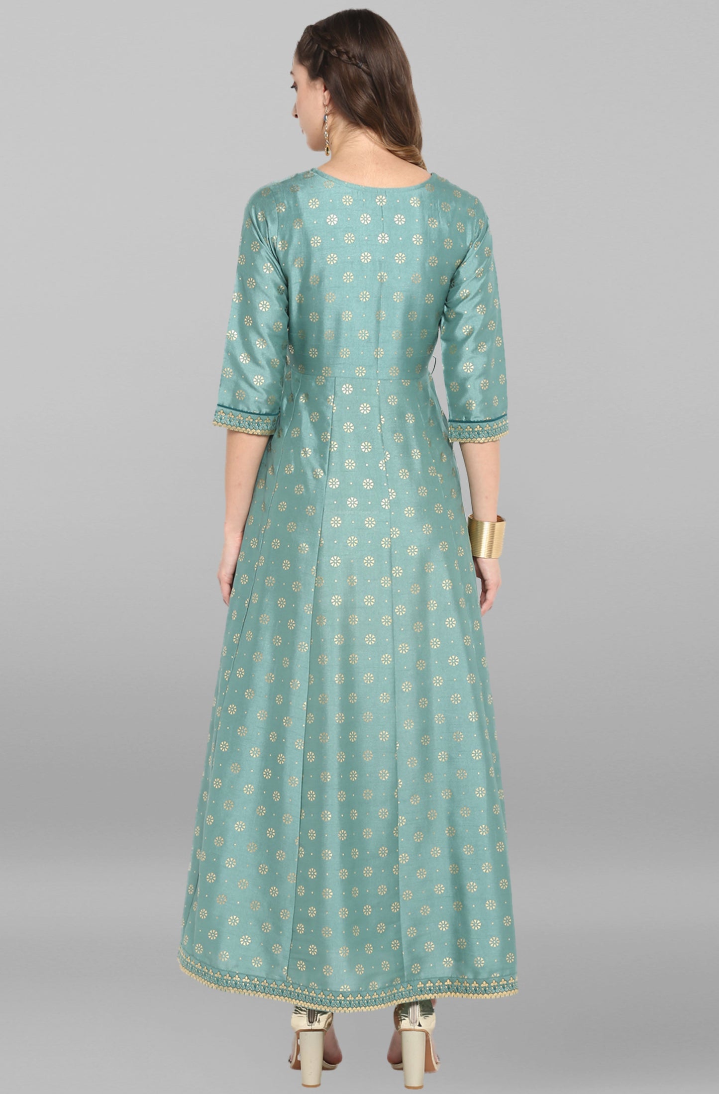 Green Rayon Crepe Foil Print Flared Ethnic Dress Silae