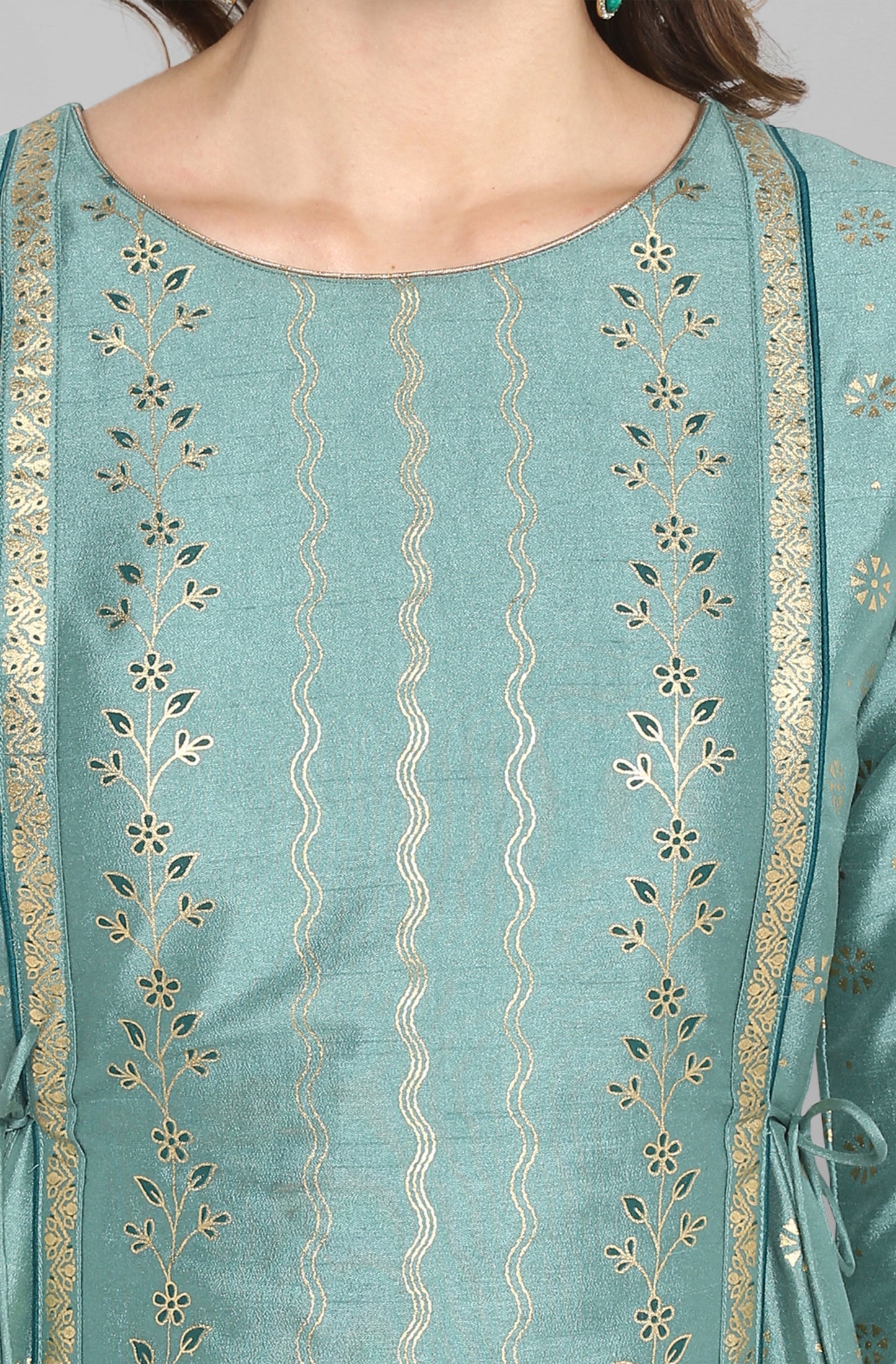 Green Rayon Crepe Foil Print Flared Ethnic Dress Silae
