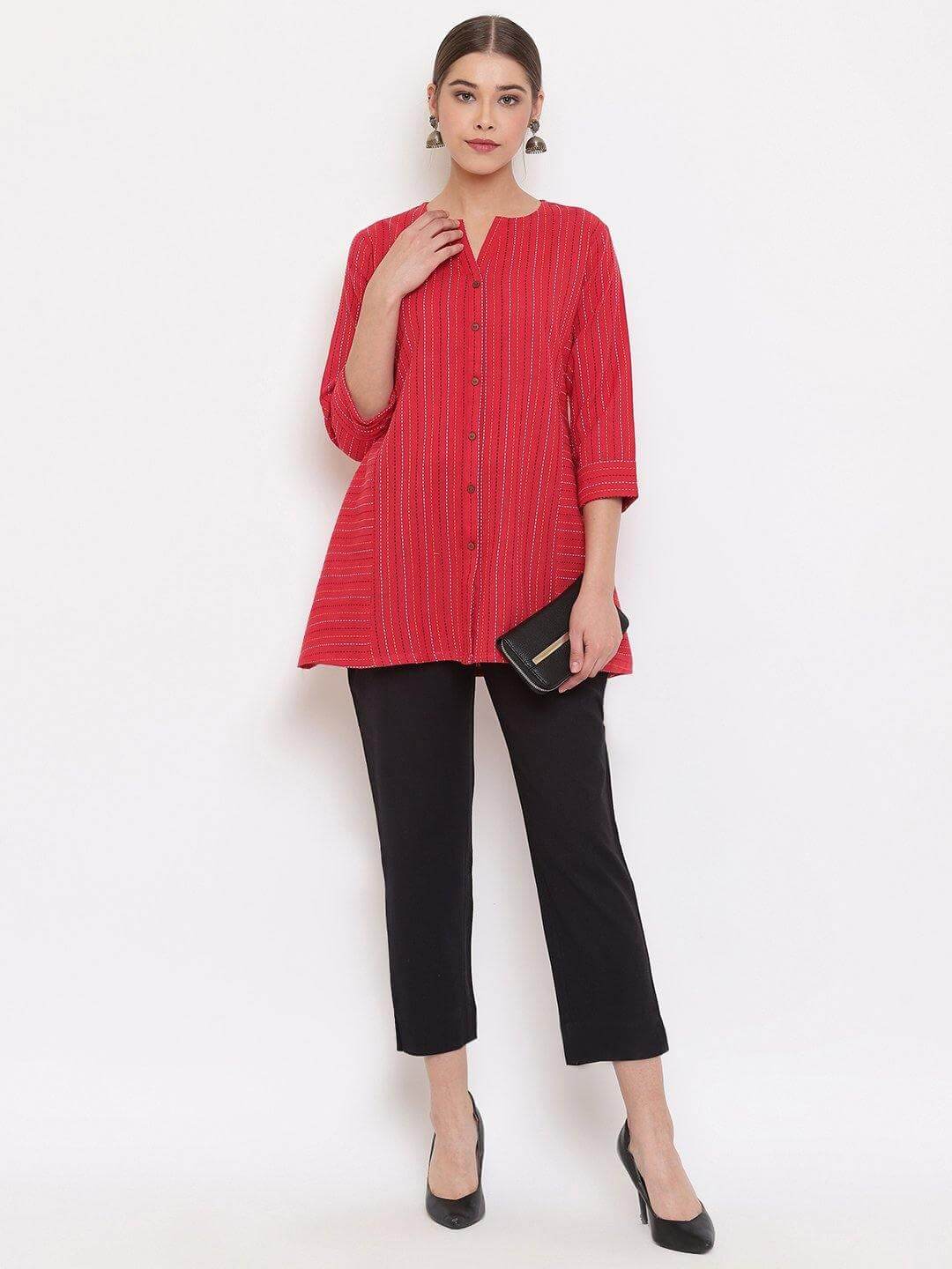 Red Cotton Woven Design A-Line Top Silae