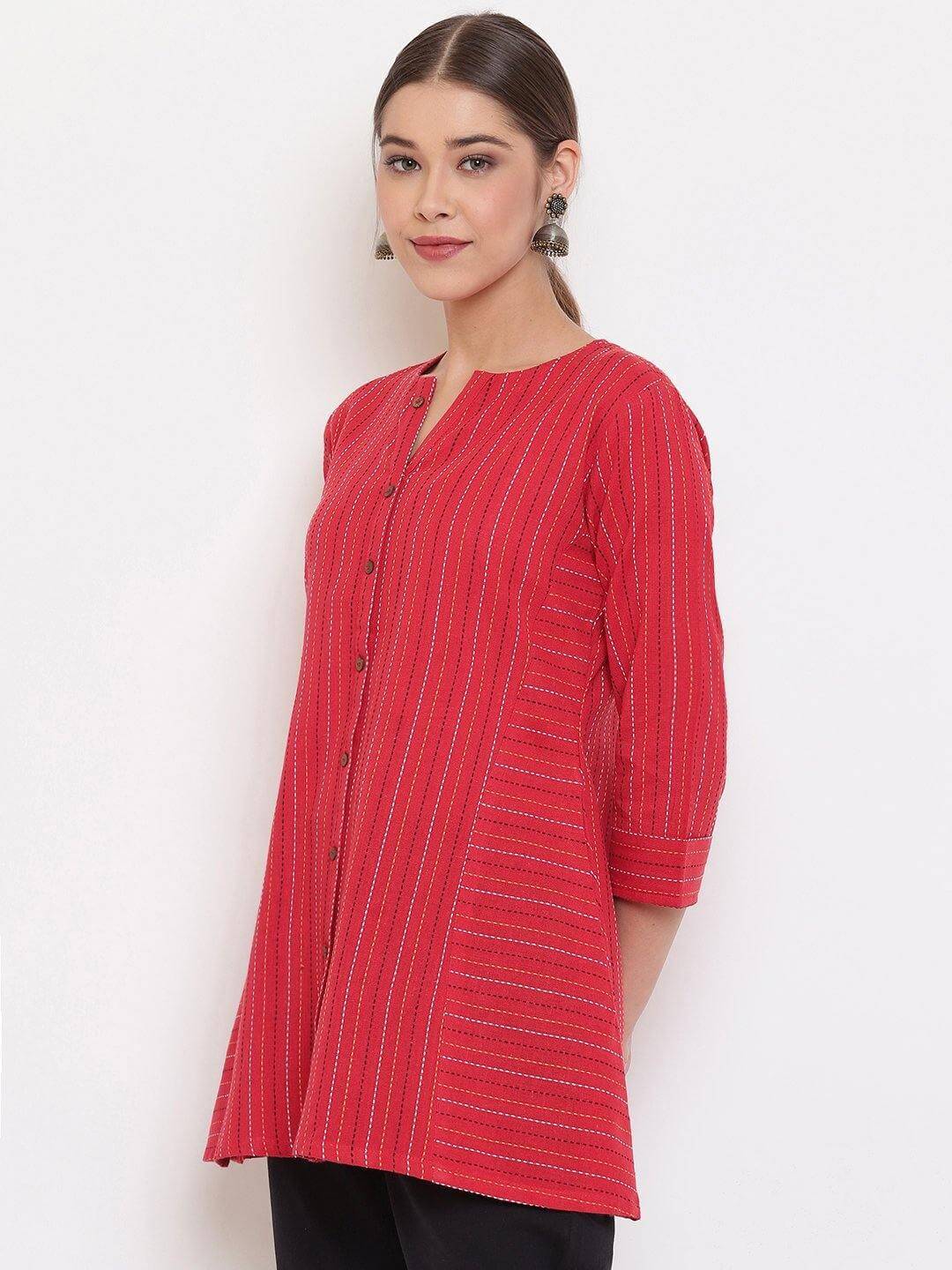 Red Cotton Woven Design A-Line Top Silae