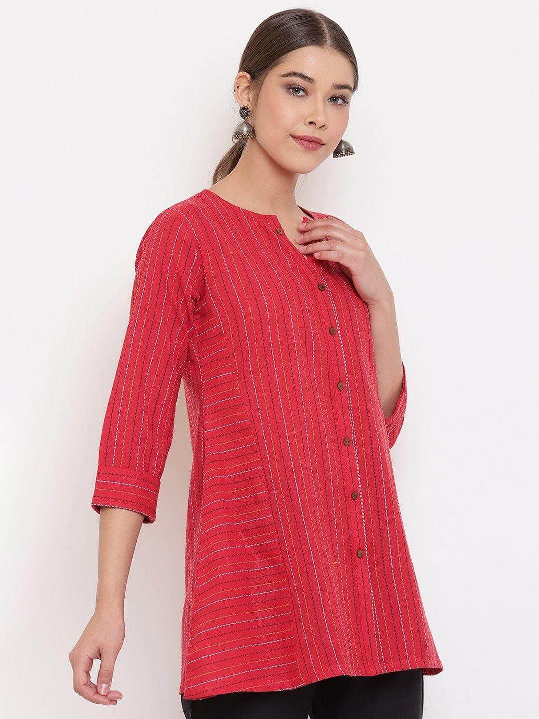 Red Cotton Woven Design A-Line Top Silae