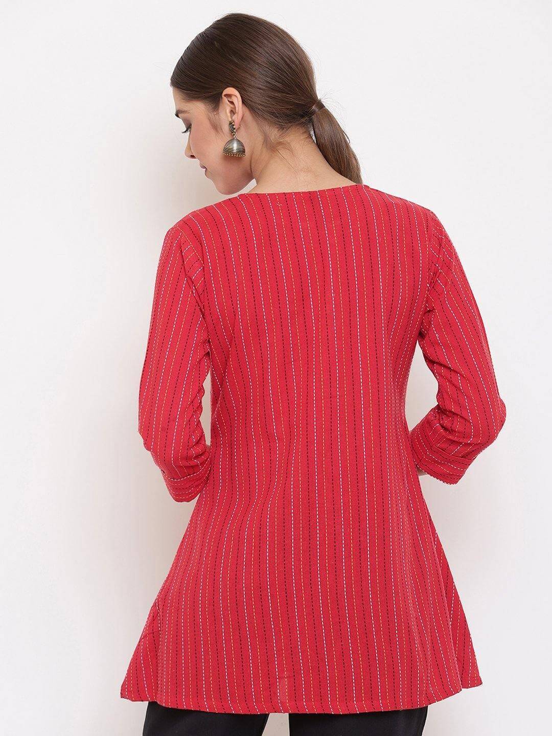 Red Cotton Woven Design A-Line Top Silae