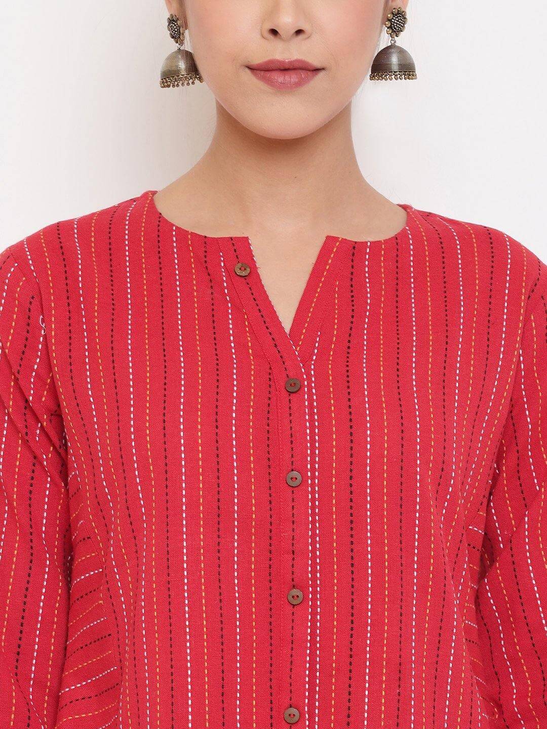 Red Cotton Woven Design A-Line Top Silae