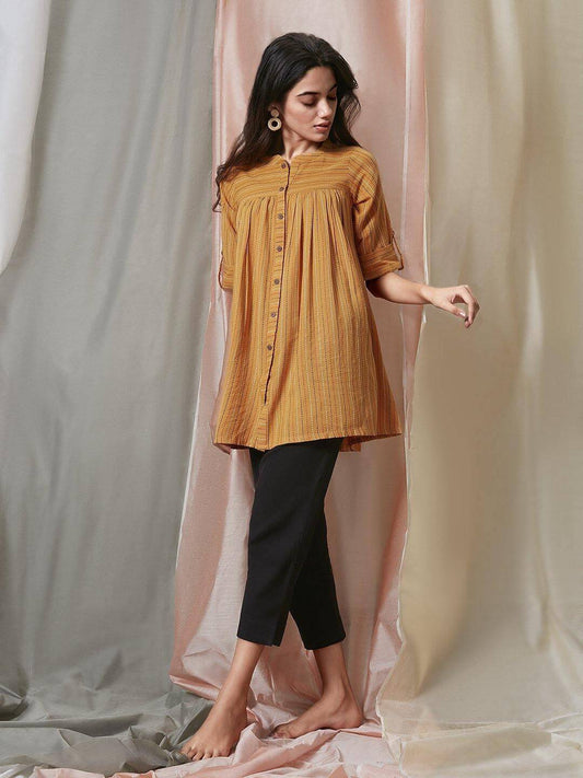 Mustard Cotton Woven Design Gathered Tunic Silae