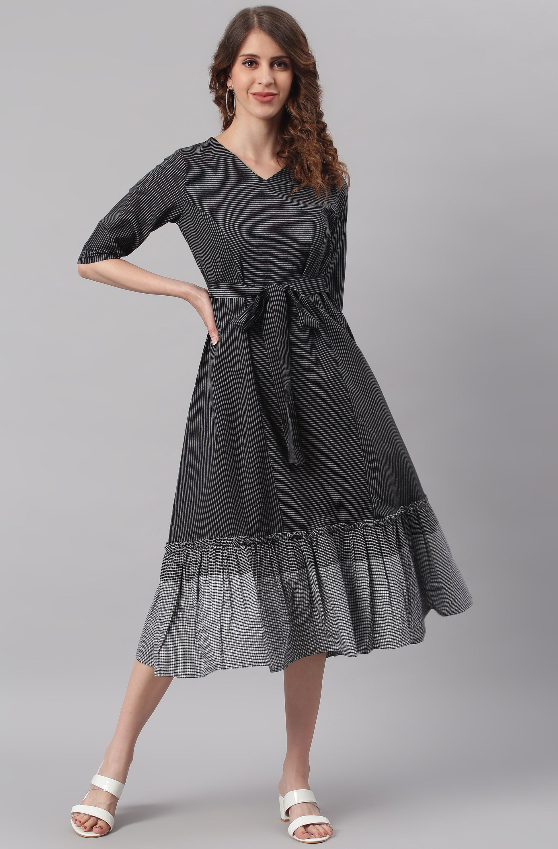 Black Cotton Striped Flared Western Dress Silae