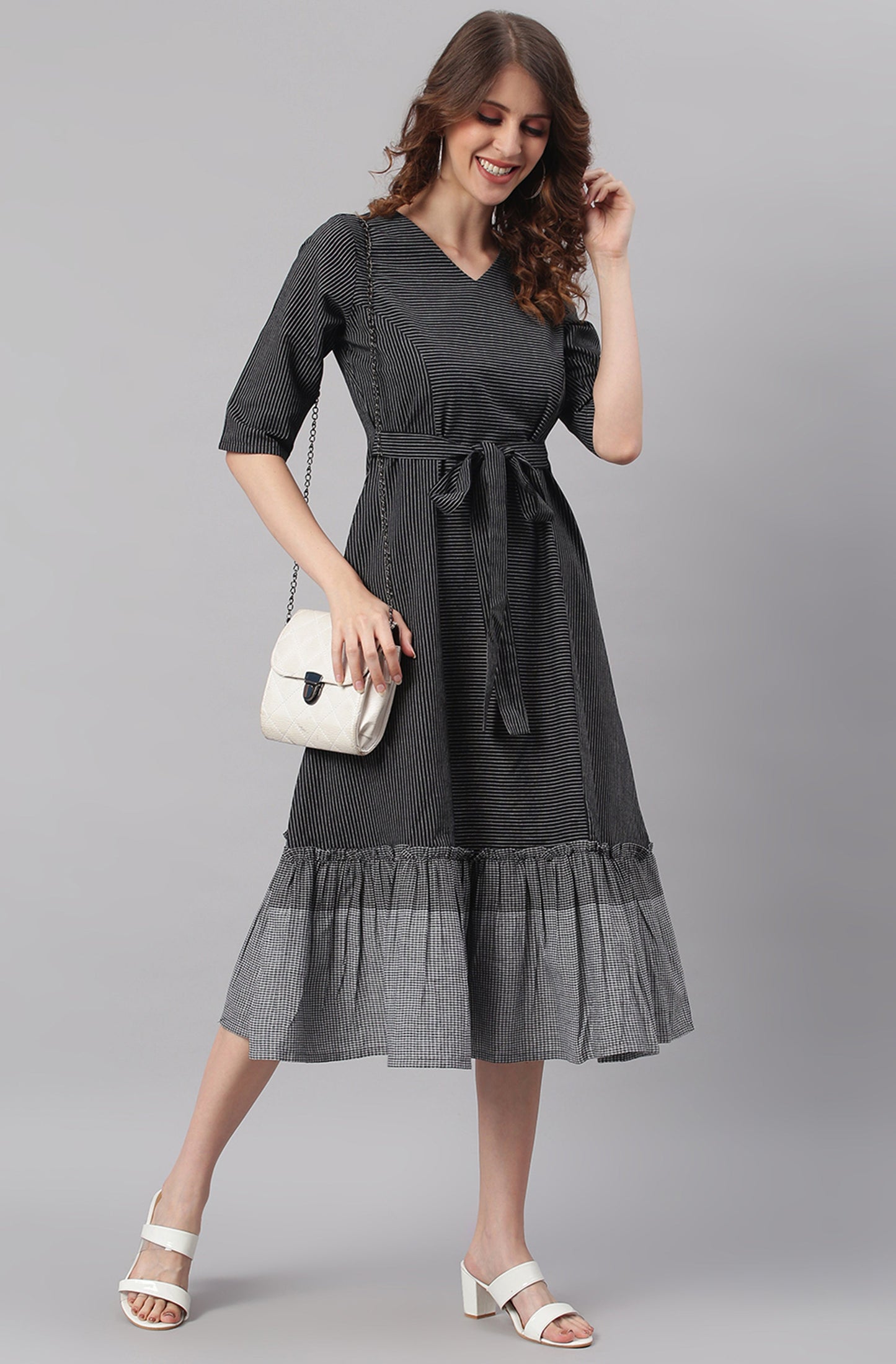 Black Cotton Striped Flared Western Dress Silae