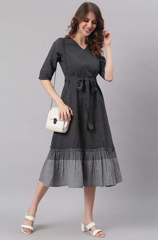 Black Cotton Striped Flared Western Dress Silae