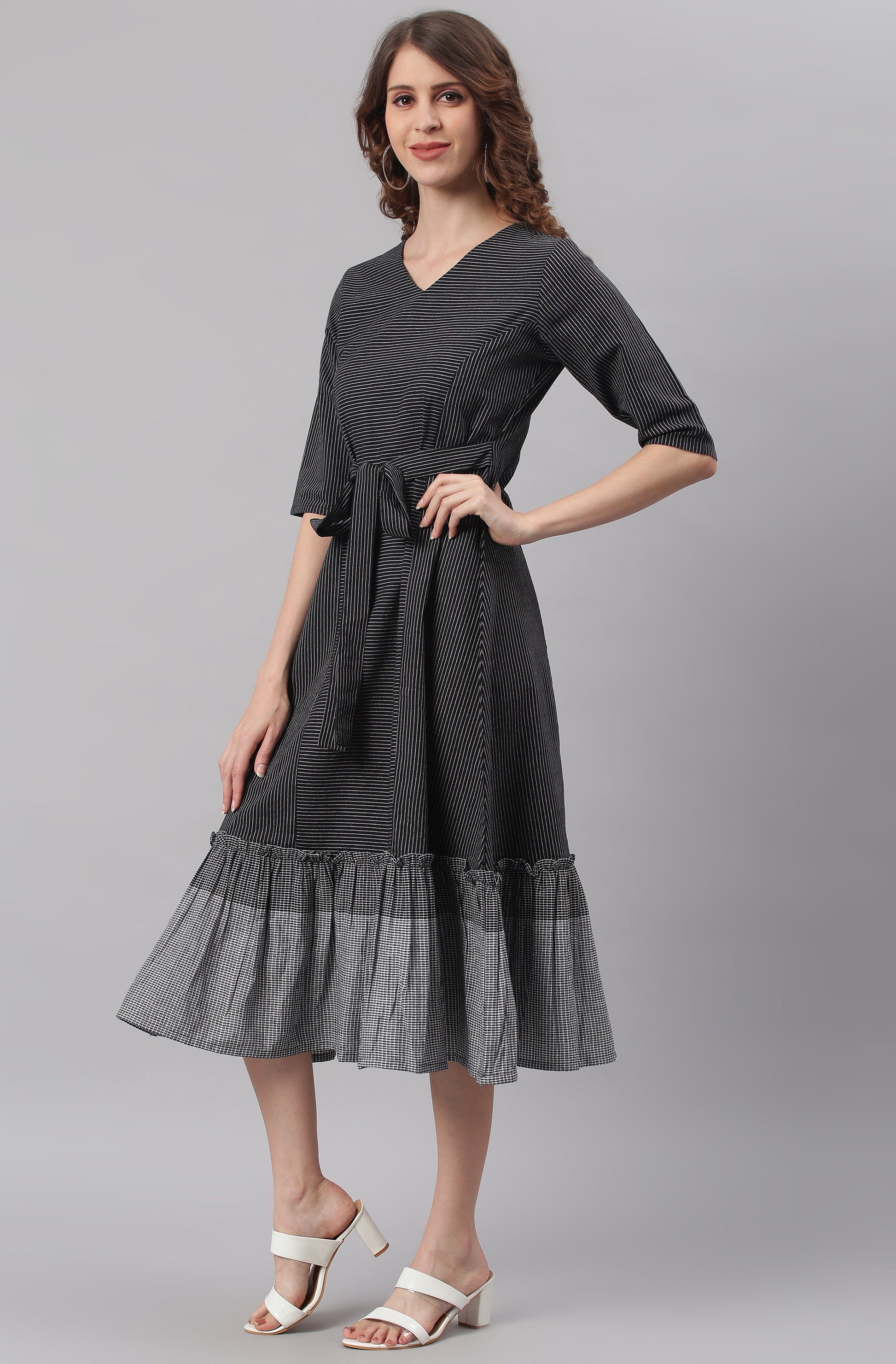 Black Cotton Striped Flared Western Dress Silae