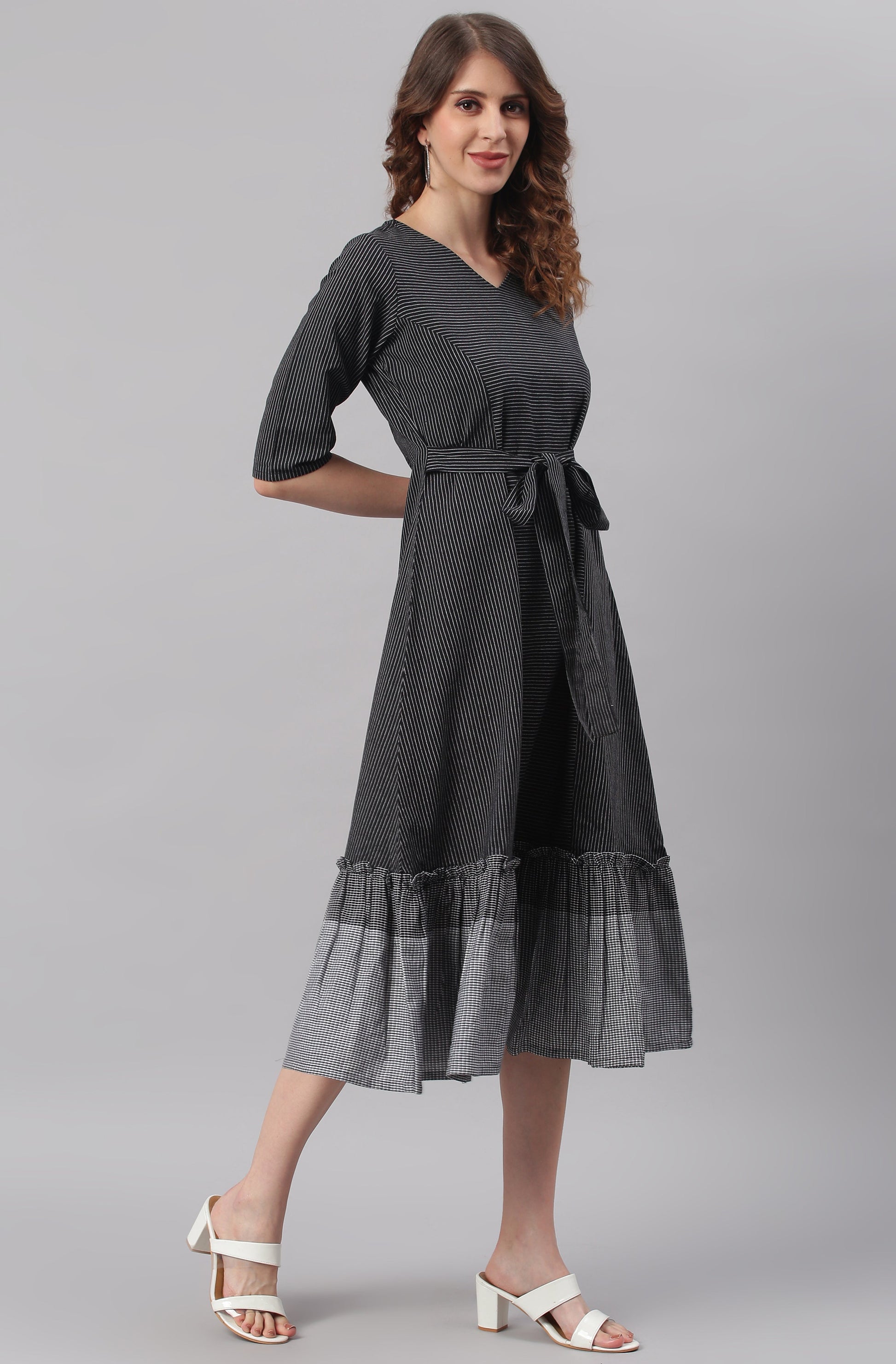 Black Cotton Striped Flared Western Dress Silae