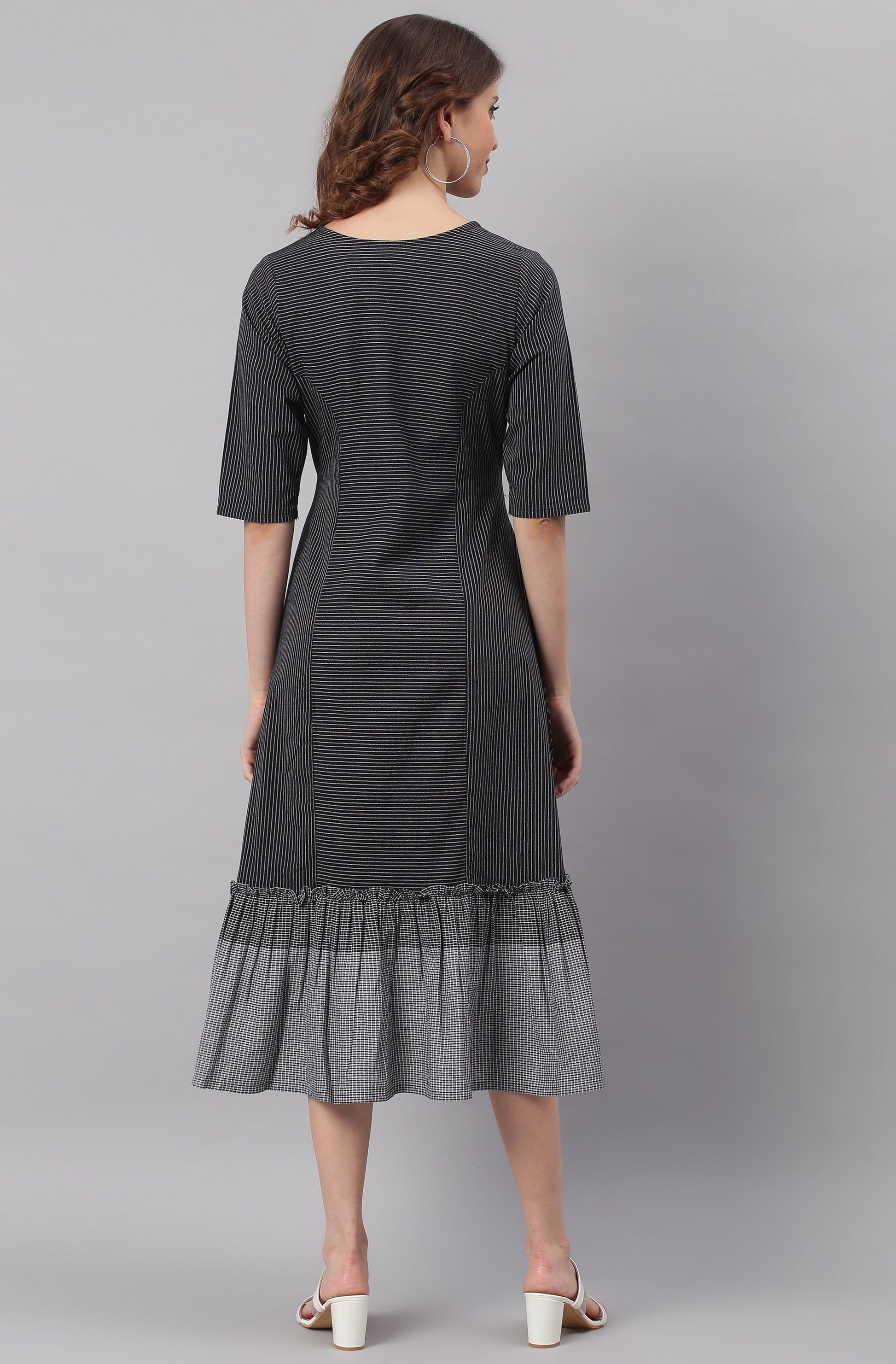 Black Cotton Striped Flared Western Dress Silae