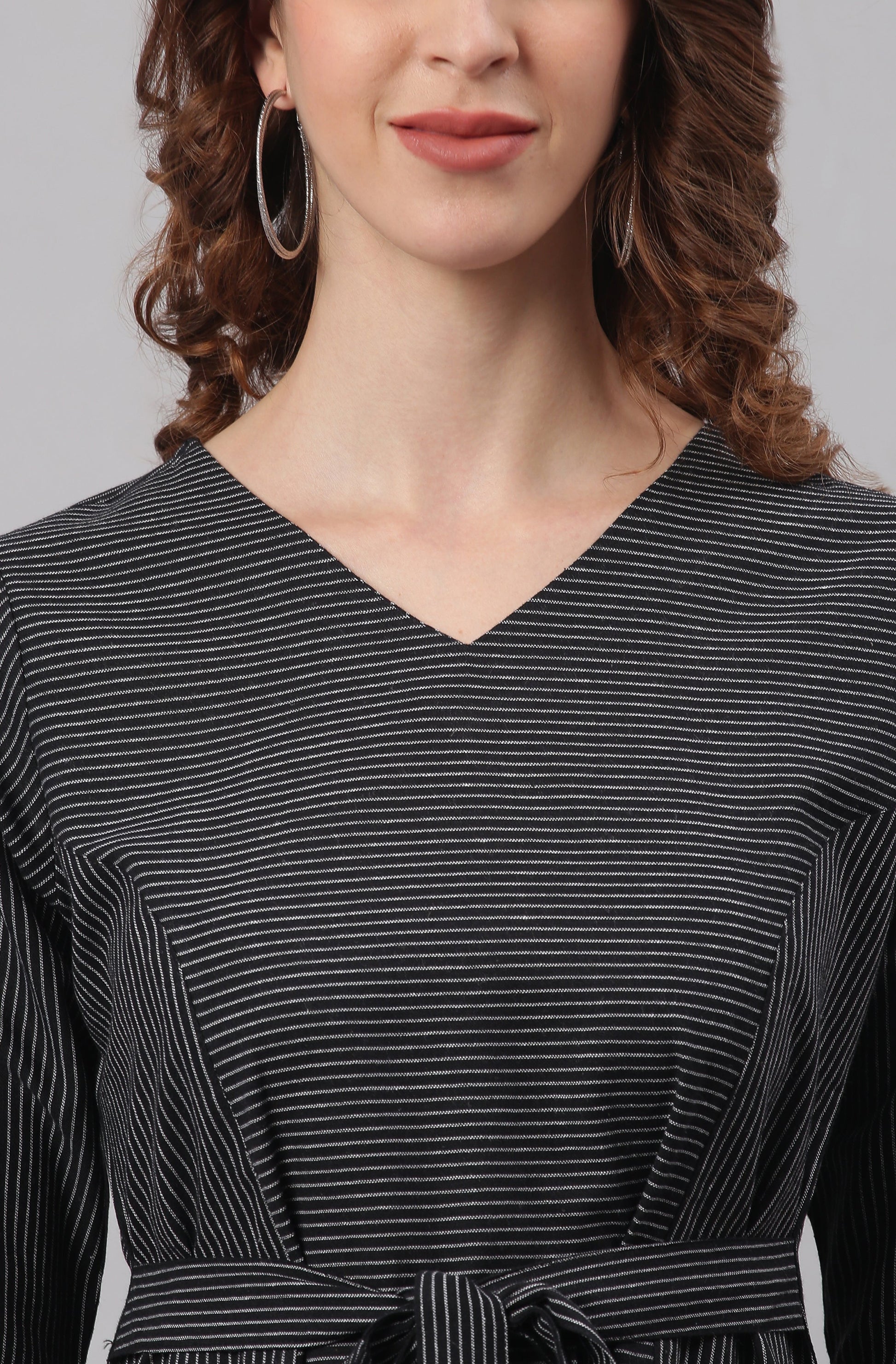 Black Cotton Striped Flared Western Dress Silae