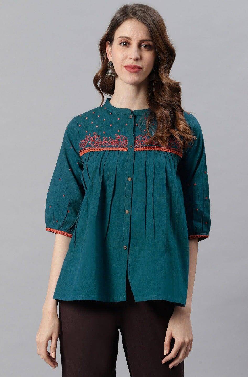 Teal Cotton Flex Embroidered Regular Top Silae
