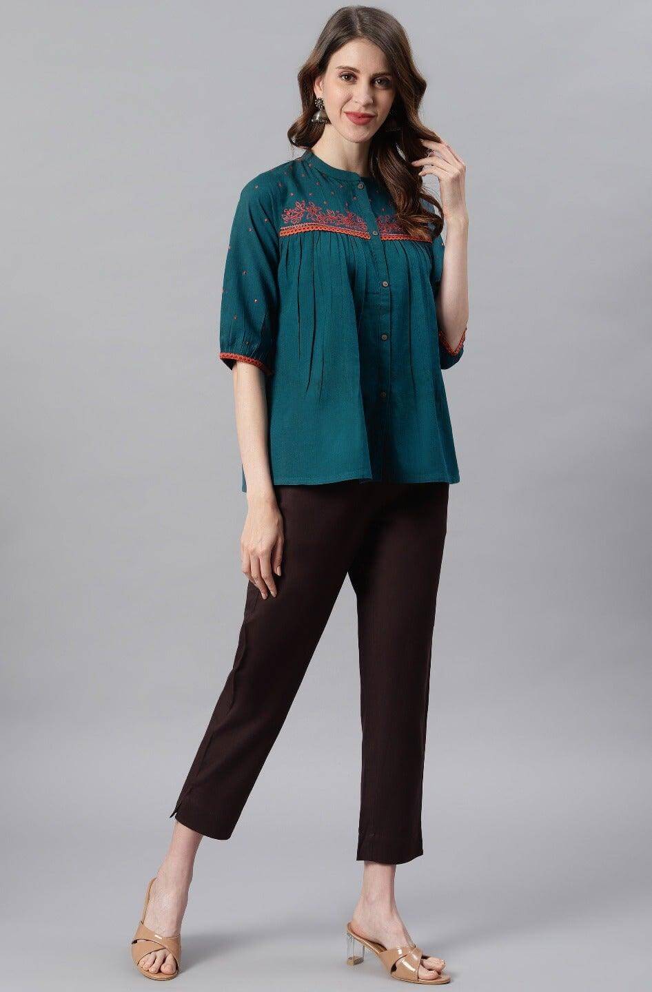 Teal Cotton Flex Embroidered Regular Top Silae