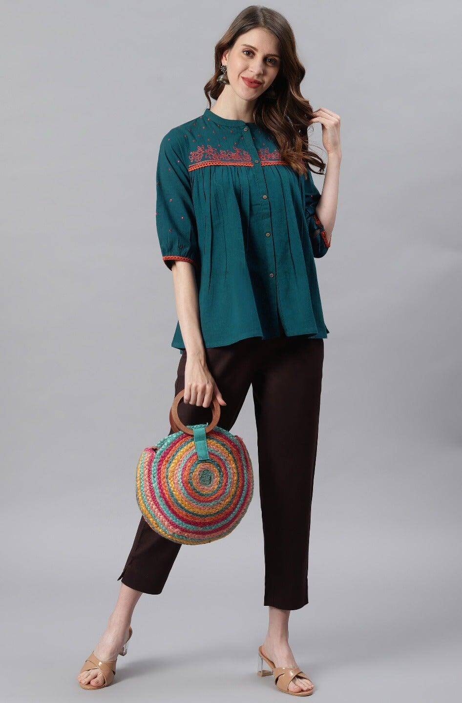 Teal Cotton Flex Embroidered Regular Top Silae