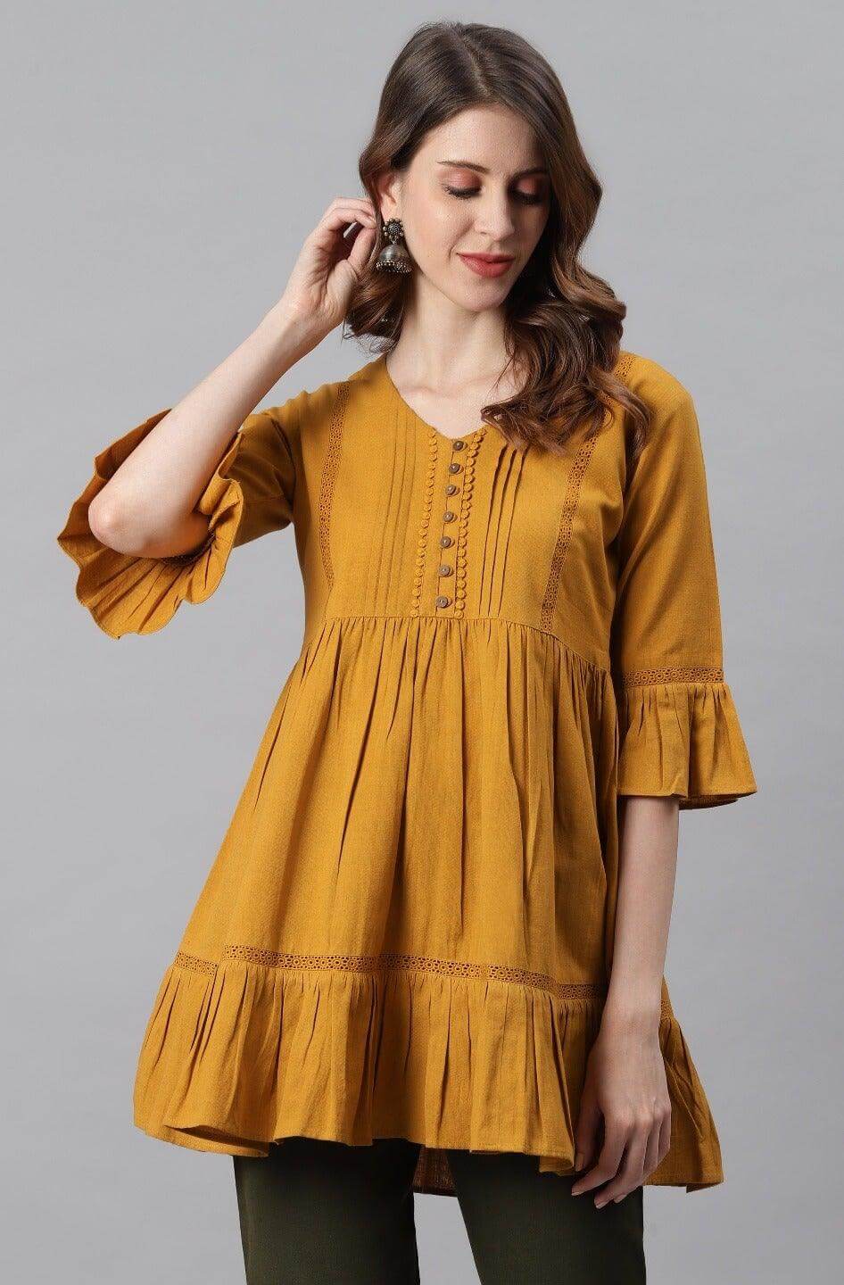 Mustard Cotton Flex Embellished Gathered Tunic Silae
