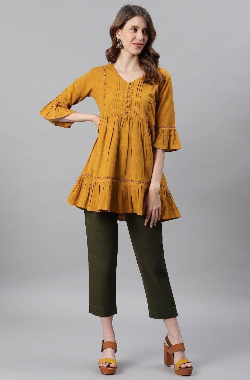 Mustard Cotton Flex Embellished Gathered Tunic Silae