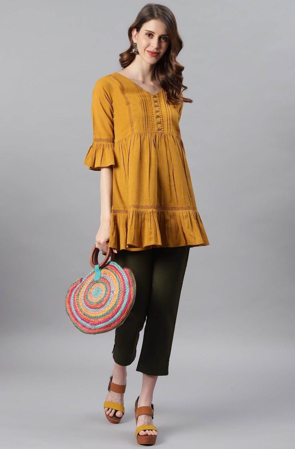 Mustard Cotton Flex Embellished Gathered Tunic Silae