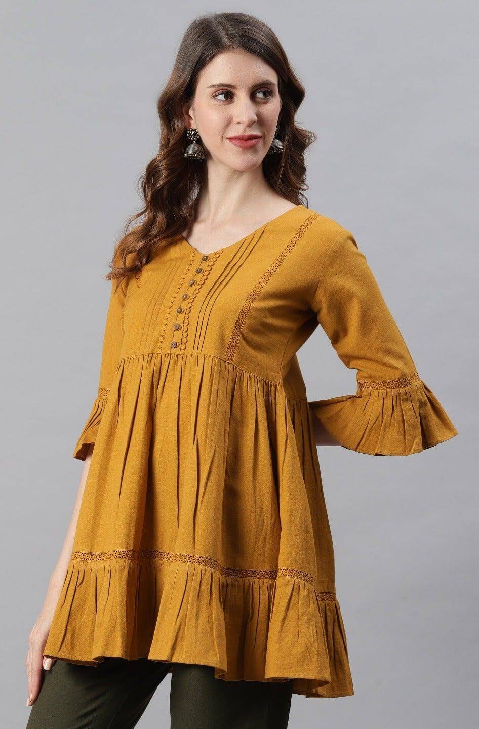 Mustard Cotton Flex Embellished Gathered Tunic Silae