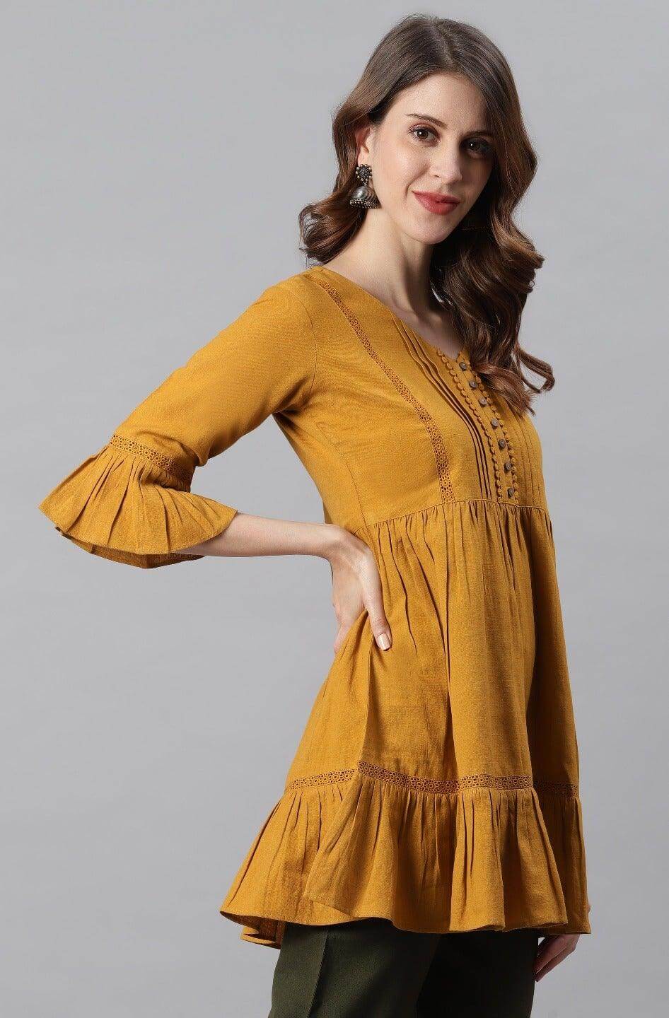 Mustard Cotton Flex Embellished Gathered Tunic Silae